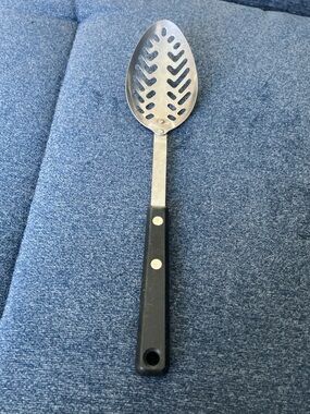 Vintage Ekco Stainless Steel Slotted Spoon 11.5” Composite Black Handle Retro